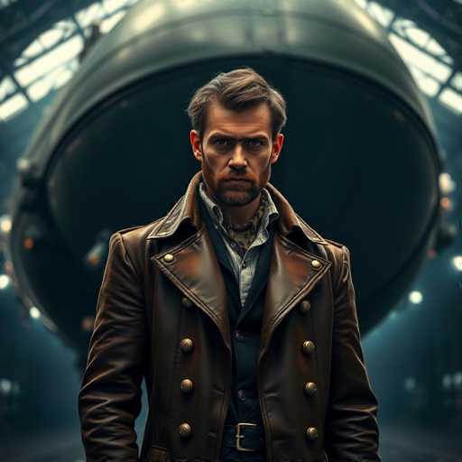 In this striking image, a man stands confidently in front of a large, black, egg-shaped object that resembles a rocket ship. The man is dressed in a layered ensemble, featuring a brown leather jacket with prominent gold buttons, a blue vest, a light blue shirt, and a black belt with a gold buckle. His short brown hair is neatly styled, and he sports a well-groomed beard and mustache. The background is slightly blurred, emphasizing the man and the mysterious object behind him. The overall scene exudes a sense of adventure and intrigue, with the man's attire and the rocket-like object suggesting a setting related to space exploration or aviation.