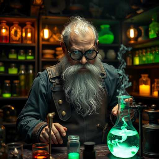 A man with a long beard and glasses is conducting an experiment in a laboratory setting. He is wearing a brown lab coat and has a large glass beaker filled with a green liquid on the table in front of him. The background features shelves stocked with various chemicals and equipment, suggesting that this is a well-equipped scientific facility.