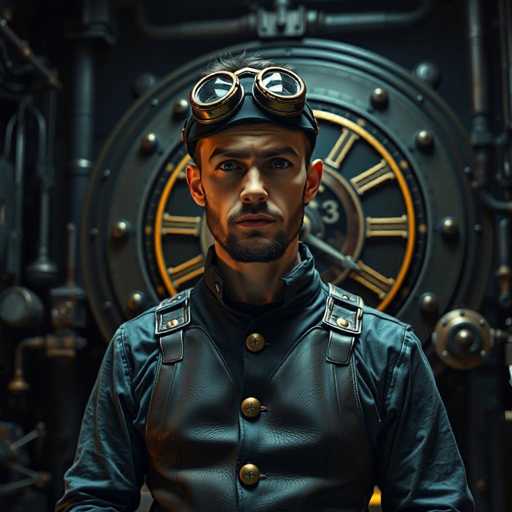 The image depicts a man with a light brown complexion, possibly of Middle Eastern descent, standing in front of a large, circular, black door that resembles a vault or safe. He has a neatly trimmed beard and mustache, and his eyes are a striking blue. The man is wearing a black leather vest with gold buttons and straps over his shoulders, along with a black leather headband that holds a pair of gold-rimmed goggles on his forehead. His attire includes a black shirt underneath the vest. The vault behind him features gold Roman numerals and hands, with the number three prominently displayed. The background is dark, with various pipes and machinery visible, adding to the industrial and mysterious atmosphere of the scene.