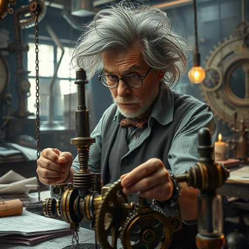 The image depicts a highly detailed, AI-generated portrayal of an elderly man with wild, gray hair and a white beard, reminiscent of Albert Einstein. He is wearing black-rimmed glasses and a blue button-up shirt with a gray vest, complemented by a brown and black bow tie. The man is seated at a cluttered desk filled with various papers and an intricate machine featuring numerous gears and levers, which he is intently examining. The setting appears to be a workshop or a study, with a window in the background and a hanging light bulb. The overall scene is rich in detail, capturing the essence of a brilliant inventor deep in thought.