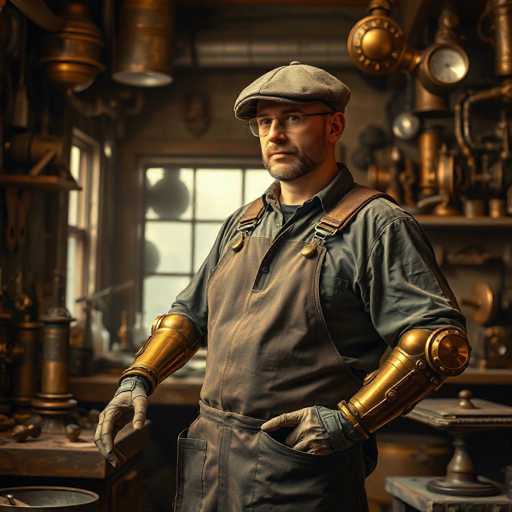 A steampunk craftsman, clad in a dark apron and newsboy cap, stands amidst a cluttered workshop. Brass gears and intricate devices fill the background, bathed in warm light. The craftsman's brass-gloved arms and goggles add to the fantastical aesthetic, creating a detailed, hyper-realistic image.