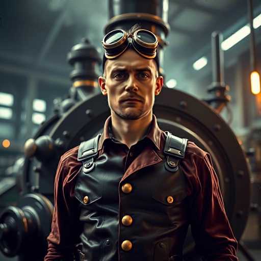 The image depicts a highly detailed, computer-generated scene of a man standing in front of a large, black steam locomotive. The man, who appears to be in his 30s, has a serious expression and is looking directly at the viewer. He sports a short mustache and goatee, with his hair shaved on the sides and longer on top. He is wearing a dark brown leather vest with gold buttons, over a long-sleeved, dark red shirt. Straps from a backpack are visible on his shoulders. Perched on his forehead are black and gold aviator-style goggles. The background features the imposing silhouette of the steam engine, with its large circular frame and a prominent smokestack, all set against a gray, industrial backdrop. The overall composition suggests a steampunk aesthetic, blending elements of vintage and futuristic design.