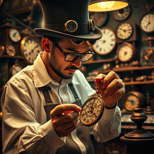 In this detailed image, a man is meticulously examining a pocket watch. He is dressed in a white button-up shirt with the top button undone, and a grayish-brown apron that features white buttons. His attire is completed with a black top hat adorned with a black band and a gold medallion, along with black-framed glasses. The man has a neatly trimmed black beard and mustache. He is holding the pocket watch, which has a gold frame and Roman numerals, with his right hand while his left hand supports the bottom. The pocket watch displays the time as 12:20. Surrounding him are numerous other pocket watches and clocks, all with white faces and black hands, some of which are mounted on the wall. The scene is set in a dimly lit room, with a yellow light illuminating the man from above, casting a warm glow on his focused expression.