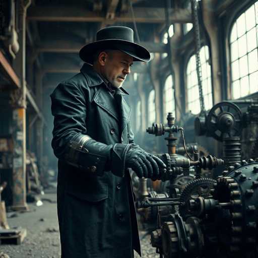 The image depicts a man standing in a large, industrial warehouse filled with intricate machinery. He is dressed in a long, dark green trench coat and matching gloves, with a black cowboy hat perched on his head. His face is adorned with a short beard and mustache, and he appears to be in his 40s or 50s. The man is intently focused on a complex machine, his hands engaged with its components. The warehouse is illuminated by natural light streaming through numerous windows, highlighting the detailed, mechanical environment around him. The overall scene exudes a sense of meticulous craftsmanship and industrial ambiance.