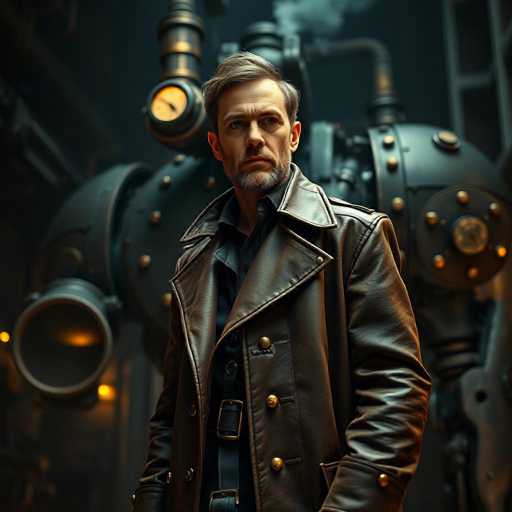 The image depicts a man standing in front of a large, intricate piece of machinery. The man is dressed in a brown leather trench coat adorned with gold buttons, and he has a gray beard and mustache. His hair is neatly parted to the side. The machinery behind him is a complex assembly of black and gray components, featuring numerous pipes, dials, and buttons. A prominent dial with a yellow face and black markings is visible, along with a large circular component that has a black center and is surrounded by gold buttons. The background is dark, with a gray wall and a ladder positioned to the right. The overall scene suggests a setting reminiscent of a science fiction movie, with the man appearing to be in his 40s or 50s.