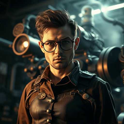 The image depicts a highly detailed, computer-generated portrait of a man with short brown hair and a slight stubble. He is wearing black, round glasses and a brown leather vest with a collar, which is fastened with four buttons. Over the vest, he has a brown shirt with a button-up collar. The man is looking directly at the camera with a serious expression. Behind him, there is a complex, steampunk-like machine with various tubes, pipes, and gears, some of which are illuminated. The background is dark, with a light source shining from the top right, casting a shadow on the left side of the man's face. The overall scene has a dark, industrial feel, reminiscent of a video game or animated movie setting.