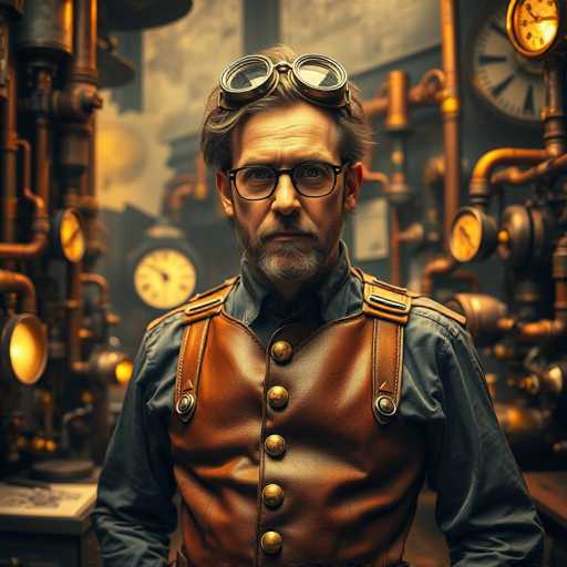 In this detailed image, a man stands confidently in the foreground, exuding a steampunk aesthetic. He is dressed in a blue button-up shirt, layered with a brown leather vest that features prominent gold buttons and straps. His attire is complemented by a pair of black-framed glasses, and his facial hair includes a neatly trimmed beard and mustache, with hints of gray. His short brown hair is topped with a pair of goggles, adding to his steampunk look.

The background is a complex array of copper pipes and tubes, some illuminated with a warm yellow light, creating a rich, industrial atmosphere. Among the intricate piping, several circular gauges with white faces and black numbers are visible, contributing to the mechanical ambiance. A large clock with a white face and black hands is mounted on the wall, further enhancing the scene's vintage feel. The overall setting is a blend of detailed machinery and classic design elements, perfectly capturing the essence of steampunk.