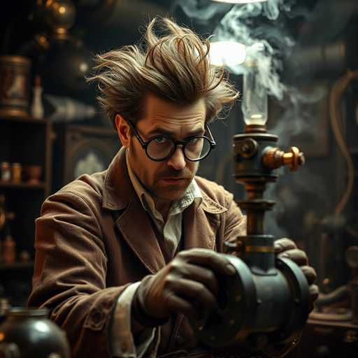 A man with wild hair and glasses is working on a black machine that has a large silver pipe attached to it. The man is wearing a brown coat and white shirt.