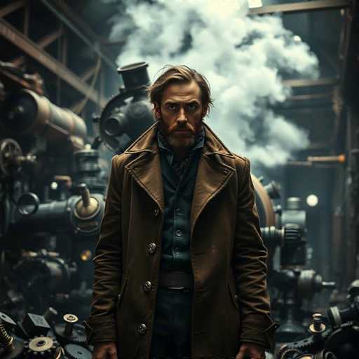 A stern, steampunk inventor stands amidst a chaotic workshop of gears and steam. Dressed in a brown coat with brass buckles, he gazes intently forward, his expression intense and focused. The scene is filled with a hazy atmosphere of steam and mechanical parts, creating a dramatic, industrial aesthetic. The overall style is detailed and evocative, emphasizing the intricate machinery and the inventor's determined presence.