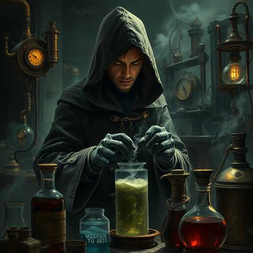 The image depicts a computer-generated scene of a man in a dark gray, hooded cloak with a chain around the hood, standing in a dimly lit laboratory. He is wearing gray gloves and is intently focused on a large glass jar containing a greenish-yellow liquid, which he appears to be stirring with a stick. The jar is placed on a wooden table surrounded by various other glass jars filled with different colored liquids, including blue, red, and brown. The laboratory is filled with intricate machinery, including a clock on the wall and several other devices with tubes and wires. The background is dark, with a grayish hue, and there are additional elements like a light bulb and a pressure gauge, adding to the scientific atmosphere. The man's face is partially obscured by his hood, and he appears to be in his 30s or 40s.