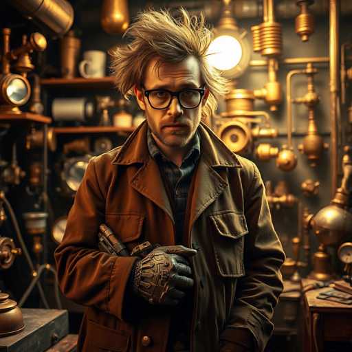 The image depicts a man standing in a room filled with an array of brass and gold-colored items. He is wearing a brown leather jacket with a large collar and two front pockets. Underneath the jacket, he has on a blue and white plaid shirt. His right hand is adorned with a brass glove, and he is holding a brass object in his hand. The man has light brown hair that is styled in a wild, windblown manner, and he sports black-rimmed glasses. His facial hair includes a mustache and a short beard. The background features numerous brass pipes, tubes, and various other brass objects, including a globe on a desk to his right. The overall scene is rich with metallic hues, creating a warm, golden ambiance.