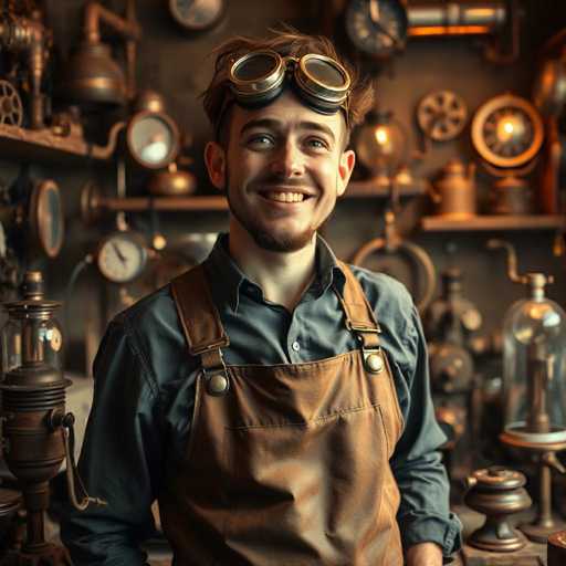 This image portrays a young man, likely in his early 20s, standing in what appears to be a workshop or store filled with vintage items. He has short brown hair, a slight beard, and a mustache, and he is smiling warmly. He is dressed in a blue button-up shirt with the sleeves rolled up to his elbows and brown leather overalls. On his head, he wears a pair of silver and brown goggles, reminiscent of those worn by pilots. The background is slightly blurred but reveals an array of old-fashioned objects, including numerous clocks, lanterns, and other metal items, all contributing to a nostalgic, steampunk-like atmosphere. The overall scene suggests a setting where vintage and mechanical elements are celebrated.