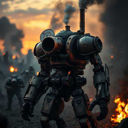 This image depicts a highly detailed, computer-generated scene of a steampunk-inspired robot standing amidst a chaotic battlefield. The robot, constructed from dark gray metal, features a cylindrical head adorned with two smokestacks—one short and one tall—emitting thick black smoke. Its face is dominated by a large, round eye, giving it a menacing appearance. The robot's body is robust, with thick shoulders and arms that end in black gloves. Its torso is encircled by a belt-like structure, and it stands on two sturdy legs. The background is filled with the glow of orange flames and rising smoke, suggesting recent explosions or ongoing combat. Blurred figures of other soldiers can be seen in the distance, adding to the sense of turmoil. The sky above is a mix of gray and orange hues, enhancing the apocalyptic atmosphere of the scene.