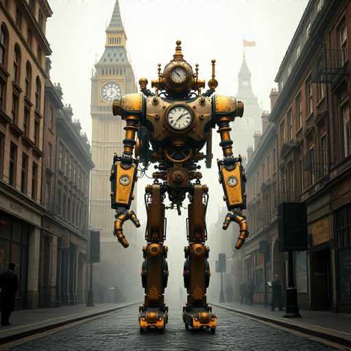 The image depicts a large, metallic robot standing on a cobblestone street in London, England. The robot is adorned with a clock face and has two arms extending outwards from its body. In the background, there are buildings lining the street, including one with a clock tower that stands tall against the sky. A few people can be seen walking along the sidewalk near the robot.