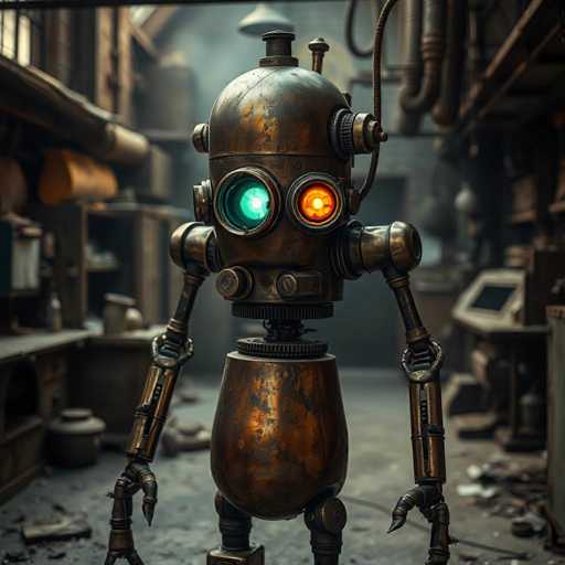 The image depicts an old-fashioned robot with a large head and two arms, one of which is extended forward while the other is bent at the elbow. The robot has a green eye on its forehead and a red light on its chest. It stands in front of a cluttered workshop filled with various objects such as pipes, wires, and tools scattered around it.