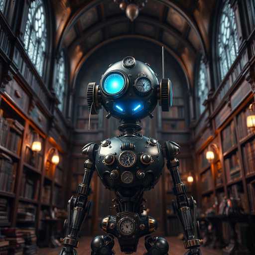 The image depicts an old-fashioned robot with a large head and arms, standing in the center of a library filled with bookshelves on both sides. The robot is wearing a suit made of metal plates and has a clock face on its chest. The background features a high ceiling with arched windows that allow natural light to filter into the room.