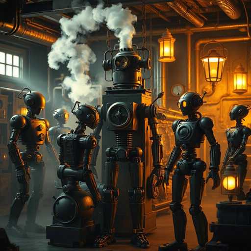 The image depicts a group of six robots standing on a platform with their backs turned towards the viewer. The largest robot is positioned centrally and emits steam from its mouth. The other five robots are arranged around it in a semi-circle formation. The background features a large pipe running across the scene, with two lanterns hanging above it.