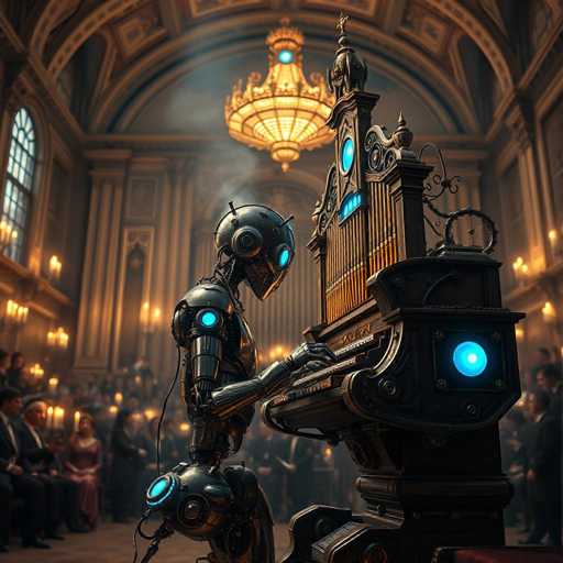 The image depicts two metallic robots engaged in a musical performance inside an ornate room with a high ceiling and chandeliers. The robot on the left is playing a keyboard while the one on the right is singing into a microphone. A group of people are seated around them, watching the performance.