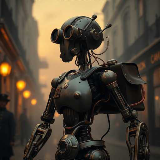 A detailed, steampunk robot with brass limbs and copper wiring stands in a foggy, Victorian-era street at dusk. The scene is bathed in warm, golden light with a hazy, ethereal quality. The robot's intricate design and the soft focus create a cinematic, hyper-realistic aesthetic.