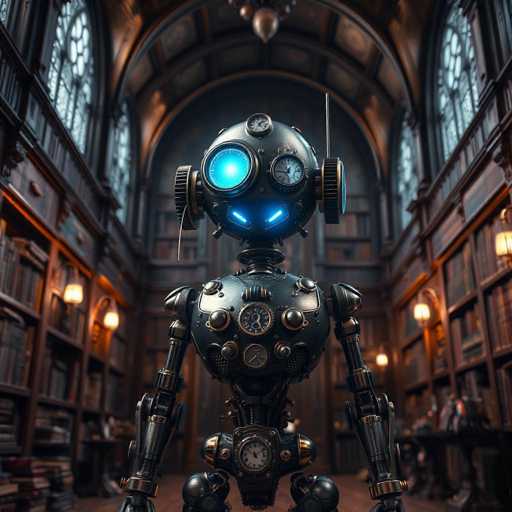 The image depicts a highly detailed, computer-generated scene of a futuristic robot standing in the center of an expansive, ornate library. The library features towering bookshelves filled with books, illuminated by warm, yellow lights. Above the bookshelves, there are arched windows with intricate stained glass designs, adding to the grandeur of the setting. The robot, which appears to be made of dark gray metal, has a round head adorned with various circular and square-shaped clocks and gauges. Its eyes are glowing blue, and it has a small antenna protruding from the right side of its head. The robot's body is also covered in similar circular and square metal components, and it has long, slender arms. The overall atmosphere is one of quiet grandeur, with the robot standing still amidst the vast collection of books and the warm, inviting light of the library.