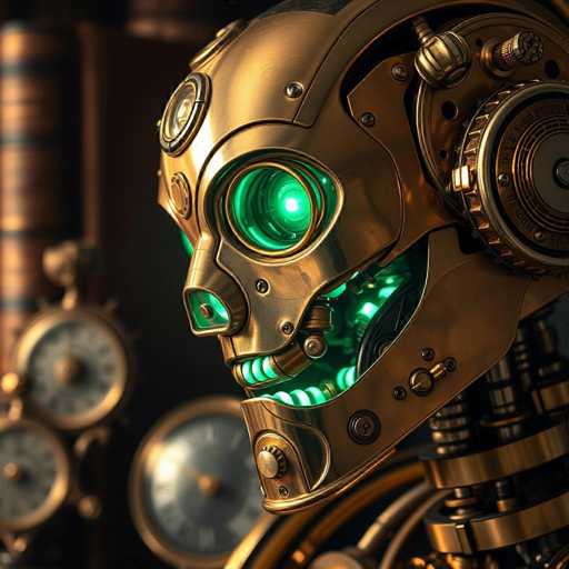 The image depicts a highly detailed, computer-generated 3D model of a steampunk-inspired robot. The robot's head is predominantly gold with intricate mechanical details, including visible gears and screws. Its eyes are glowing green, and the mouth is slightly open, revealing a glimpse of green teeth. The robot's neck and shoulders are also visible, showcasing more mechanical components. The background is blurred but appears to be filled with various steampunk elements, such as dials, gauges, and possibly a bookshelf, enhancing the overall aesthetic of the scene. The robot is facing towards the left side of the image, giving a clear profile view.
