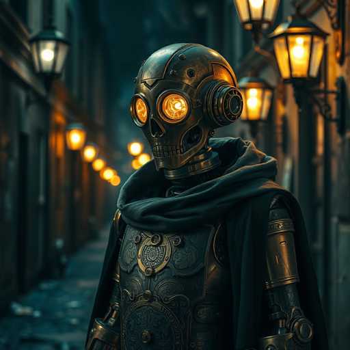 The image depicts a highly detailed, computer-generated scene of a dark, eerie alleyway at night. The alley is flanked by tall, brown buildings on both sides, each adorned with numerous gas lamps that cast a warm, yellow glow, creating a stark contrast against the surrounding darkness. The ground is littered with trash, adding to the gritty atmosphere. 

In the foreground stands a menacing robot with a skull-like face, featuring glowing orange eyes and a nose resembling a skeleton's. Its head is metallic and shiny, with intricate designs and a helmet-like structure. The robot is clad in a black cloak that drapes over its shoulders and chest, which is further adorned with ornate, gold-colored armor. The armor includes a prominent circular emblem on the chest and additional metal pieces on the shoulders and arms. The robot's expression is neutral, with a straight-lined mouth, giving it an unsettling presence as it gazes off to the left.