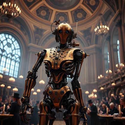 The image depicts a large room with a group of people gathered around a table. At the center of the scene is a robot standing on its hind legs and facing towards the camera. The robot has a metallic gold body adorned with intricate designs and a pointed headpiece. The people in the background are dressed in formal attire, suggesting that they may be attending an event or gathering.
