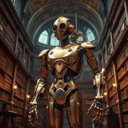 The image depicts a large robot standing in front of a bookshelf filled with numerous books. The robot is wearing a gold suit and has a headset on its head. The background features an ornate archway that adds to the grandeur of the scene.