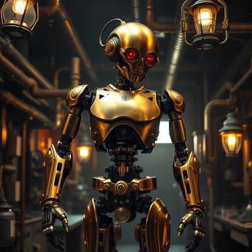 The image depicts a highly detailed, computer-generated scene of a futuristic, steampunk-style robot standing in the center of a dimly lit, industrial room. The robot, which has a humanoid form, is primarily gold and black with striking red eyes that give it a menacing appearance. Its head resembles a skull, and it features a chest plate, shoulder pads, and a belt with a circular buckle. The robot's arms are gold with black joints, and its hands are shaped like claws. The background is filled with an array of pipes, wires, and metal tubing, contributing to the industrial aesthetic. The room is illuminated by several lanterns hanging from the ceiling, casting a warm glow that highlights the intricate details of the robot and the surrounding machinery. The overall color palette includes shades of gold, black, red, orange, yellow, and gray, enhancing the steampunk vibe of the scene.