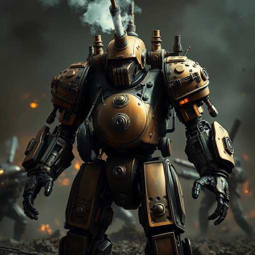 The image depicts a highly detailed, computer-generated scene of a futuristic battlefield. Dominating the foreground is a colossal robot, reminiscent of a Transformer, with a striking copper-colored body and black accents. The robot's head is adorned with a mask-like visor, and from its helmet, smoke billows out, suggesting it's either powered by or affected by the chaos around it. Its shoulders are equipped with large, imposing pads, and its chest features a prominent circular copper plate. The robot's arms are black, ending in black gloves, and its legs are similarly dark, with copper plates on the thighs. The background is filled with smoke and fire, adding to the sense of destruction. Blurred figures of other robots can be seen in the distance, hinting at a larger conflict. The ground beneath the robot is a mix of dirt and scattered rocks, further emphasizing the battle-torn environment.
