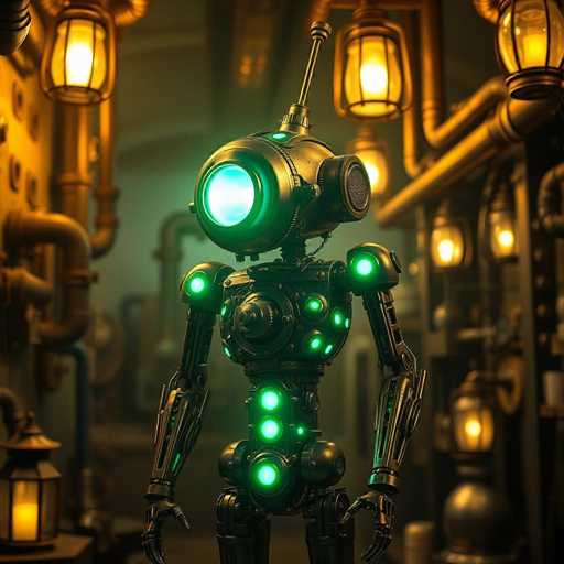 A steampunk robot stands in a dimly lit, industrial setting. The robot has glowing emerald-green eyes and a subtly mechanical expression. It's surrounded by hissing pipes, flickering lanterns, and a warm, golden light. The overall style is highly detailed, with a slightly vintage aesthetic.
