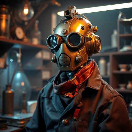 The image depicts a steampunk-inspired scene featuring a humanoid robot with a distinct, metallic appearance. The robot's head is encased in a golden helmet adorned with various knobs and dials, and it wears large, round goggles reminiscent of those worn by pilots. Its face is covered by a metal mask, adding to its mechanical aesthetic. The robot is dressed in a brown leather jacket with a red collar, which is fastened with a red strap. The background is slightly blurred, revealing shelves lined with various bottles and containers, including a prominent glass bottle with a metal tube extending from it. The setting is dimly lit, with a light bulb hanging from the ceiling, casting a soft glow over the scene.