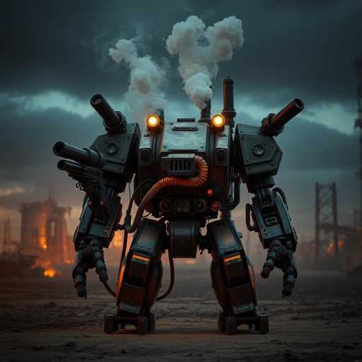 The image depicts a highly detailed, computer-generated scene of a war-torn, industrial landscape. Dominating the foreground is a formidable, black robot with a humanoid form, featuring two legs and two arms. The robot's eyes are glowing orange, and it has a prominent red tube extending from its mouth area. Its shoulders are equipped with two large cannons, and it has additional gun-like appendages on its arms. The robot stands on a dirt ground, surrounded by the remnants of a destroyed city, with buildings in the background engulfed in flames and smoke billowing into the dark, cloudy sky. The overall atmosphere is one of desolation and destruction, with the robot appearing to be a key figure in this chaotic scene.