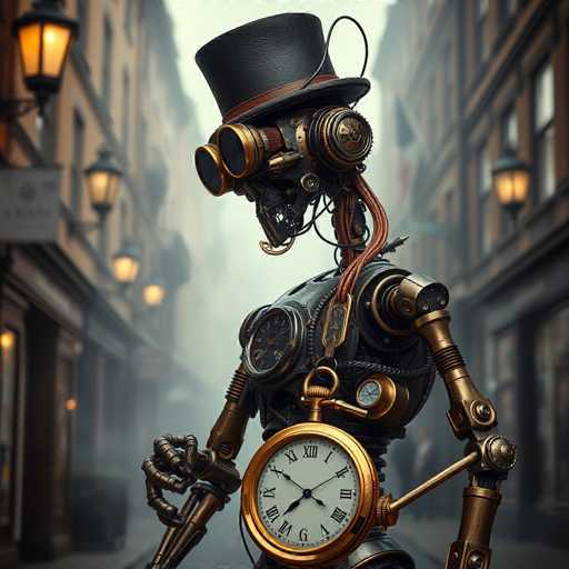 The image depicts a steampunk-inspired robot standing in the middle of a foggy, Victorian-era city street. The robot, with a humanoid form, is adorned in a black top hat with a brown band and features a complex array of gears, wires, and clockwork components. Its head is equipped with two steampunk goggles, and its body is a mix of gold and black metal. A large pocket watch hangs from its chest, and a wire extends from its head to its back. The robot's right arm is raised, holding a cane, while its left arm rests by its side. The background showcases tall, brown buildings with black street lamps and a misty, gray sky, enhancing the vintage and mysterious atmosphere of the scene.