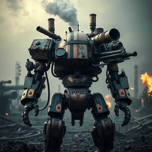 The image depicts a highly detailed, computer-generated scene of a post-apocalyptic battlefield. Dominating the foreground is a massive, humanoid robot with a copper-colored body and black accents. The robot, which has a head resembling a tank and is equipped with various weapons including machine guns and cannons, stands on two legs with its arms extended. The letters "PRIC" are prominently displayed on its chest. Surrounding the robot are scattered pieces of metal and debris, indicative of a war-torn landscape. In the background, a factory or power plant is engulfed in flames, with thick smoke billowing into the smoky, gray sky. The overall atmosphere is dark and foreboding, with the robot appearing to be on a mission amidst the chaos.