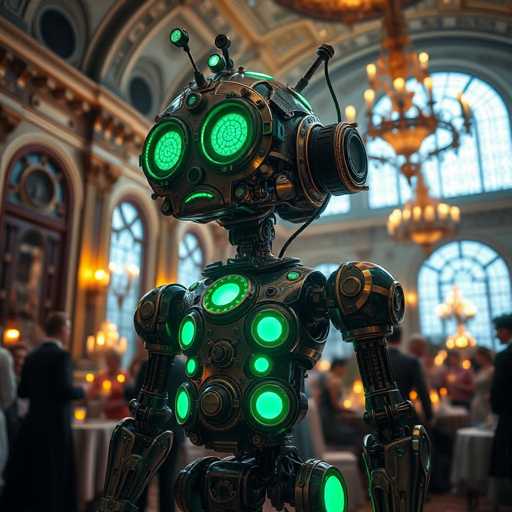 A detailed, steampunk robot stands in a grand ballroom. The robot has glowing emerald-green eyes and a subtly melancholic expression. It's surrounded by elegantly dressed, steampunk figures in a warmly lit, opulent setting with intricate details. The overall art style is highly realistic and whimsical.