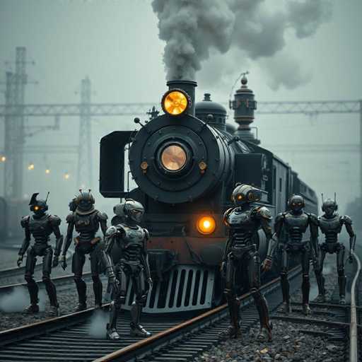 A group of sleek, steampunk robots stand around a massive, steam-powered locomotive in a gritty, industrial setting. The robots have intricate, hand-crafted designs with glowing details and appear ready for action. The locomotive is a dark, imposing machine emitting thick steam, with glowing lights adding to the dramatic atmosphere. The overall style is hyper-realistic and evokes a vintage, industrial aesthetic.