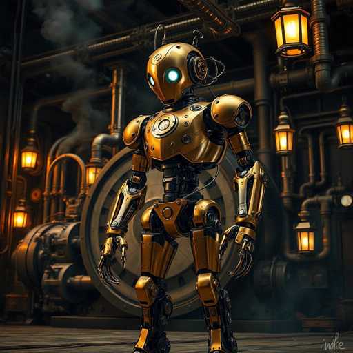 The image depicts a highly detailed, computer-generated scene of a gold-colored robot standing in the center of a dark, industrial room. The robot, which has a humanoid form with a head, torso, arms, and legs, features glowing blue eyes and a circular emblem on its chest. Its metallic body is adorned with various black components, including wires and antennas protruding from its head. The robot's hands are designed with claw-like fingers, adding to its mechanical appearance.

The room around the robot is filled with an array of pipes, wires, and machinery, all contributing to a steampunk aesthetic. The background is dimly lit, with the primary illumination coming from six lanterns hanging from the ceiling, casting a warm, yellowish glow throughout the space. The floor beneath the robot is wooden, and the overall atmosphere suggests a blend of vintage and futuristic elements. In the bottom right corner of the image, there is a signature that reads "J-N-D-K-E."