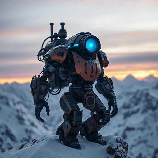The image depicts a highly detailed, computer-generated robot standing on a snow-covered mountain peak. The robot, which has a humanoid form with two legs, two arms, and a torso, is primarily black with striking orange accents on its chest plate, shoulder pads, and forearms. Its head is a large, round, blue light resembling a camera lens or telescope, giving it an almost cyclopean appearance. The robot's right arm is extended outward, while its left arm hangs by its side. A mechanical backpack with antennas and wires is strapped to its back, adding to its intricate design. The background features a blurred, snow-capped mountain range under a sky that transitions from a light blue to a pinkish hue, suggesting either dawn or dusk. The overall scene is set against a serene, wintry landscape, emphasizing the robot's futuristic and somewhat alien presence.