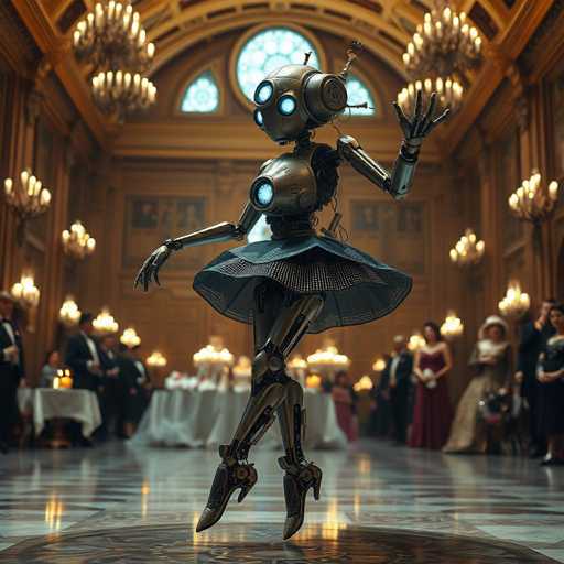 The image depicts a robot with blue eyes and a silver body standing on a marble floor inside an opulent room. The robot is wearing a black dress adorned with gold sequins and holding a golden key in its right hand while waving at the camera. In the background, there are people dressed in formal attire, suggesting that this scene takes place during a social event or gathering.
The room itself is grand and ornate, featuring a large window on one side and chandeliers hanging from the ceiling, creating an atmosphere of elegance and sophistication.