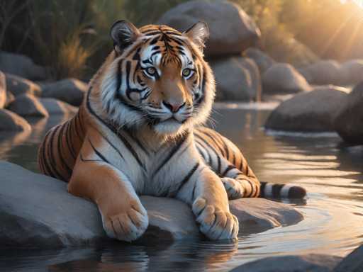 This image features a majestic tiger lounging on a large, flat rock in the middle of a serene river. The tiger's striking orange fur is adorned with bold black stripes, and its face is a captivating blend of orange and white, with piercing yellow eyes that gaze directly at the camera. The tiger's powerful paws are stretched out in front of it, and its tail is elegantly draped over the rock, extending into the water. The surrounding water is calm, with gentle ripples reflecting the sunlight that streams in from the top right corner of the image. The background is slightly blurred, showcasing more rocks and lush greenery, which adds to the tranquil and natural setting. The overall scene exudes a sense of peacefulness and beauty, capturing the essence of the tiger in its natural habitat.