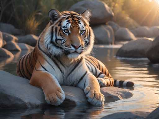 A majestic tiger is resting on a rock by a river, with its eyes closed and its body relaxed as it basks in the sun's warm glow. The tiger's fur is a beautiful shade of orange, contrasting with the cool blue water of the river. The rocks surrounding the river are large and jagged, adding to the rugged beauty of the scene.