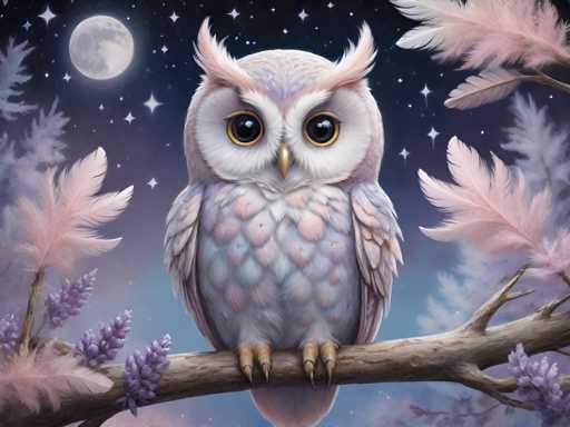 This detailed illustration features a majestic owl perched on a branch, set against a mesmerizing night sky. The owl, with its striking white face and piercing black eyes, gazes directly at the viewer. Its feathers are a beautiful blend of white, pink, and blue, creating a soft, pastel palette. The owl's golden beak and talons add a touch of regal elegance to its appearance.

The branch on which the owl sits extends from the bottom right corner of the image, adorned with delicate pink leaves and purple flowers. These elements contribute to the whimsical and enchanting atmosphere of the scene.

The background is a captivating gradient of dark blue and purple, dotted with twinkling stars and a prominent full moon in the top left corner. This celestial setting enhances the mystical and serene mood of the illustration.

Overall, the image exudes a dreamlike quality, skillfully blending realistic details with fantastical elements to create a visually stunning and enchanting portrayal of a night scene.
