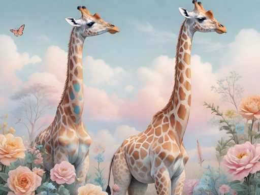 This vibrant, computer-generated image features two giraffes standing in a lush, colorful field. The giraffe on the left is adorned with blue spots on its neck, while the one on the right has a more traditional pattern of brown spots. Both giraffes are gazing to the right, seemingly focused on something out of the frame. The field is a tapestry of pink, blue, and orange flowers, with some greenery interspersed. The sky above is a serene blue, dotted with fluffy white clouds tinged with pink. In the upper left corner, a delicate butterfly with pink and purple wings flutters, adding a touch of whimsy to the scene. The overall composition is bright and cheerful, with the vivid colors of the giraffes' spots, flowers, and butterfly creating a striking contrast against the soft, pastel sky.