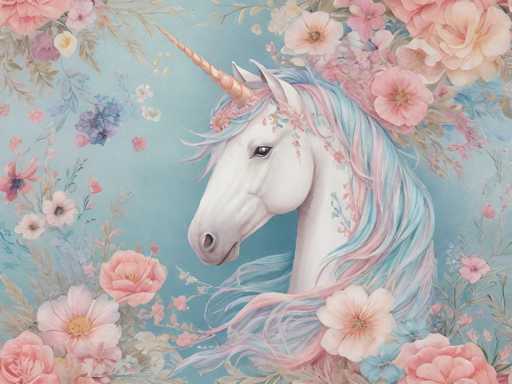 This image features a detailed, whimsical painting of a unicorn's head and neck set against a light blue background. The unicorn, predominantly white, has a striking gold horn that spirals elegantly from its forehead. Its mane, a blend of pastel blue and pink, cascades down, with some strands appearing to flow in the wind. The unicorn's expressive black eyes and a hint of a smile give it a gentle, almost friendly demeanor. Surrounding the unicorn are an array of flowers in various shades of pink, peach, and white, with some blue flowers interspersed. These flowers are intricately detailed, with some appearing to be part of the unicorn's mane, adding to the magical and enchanting atmosphere of the artwork.