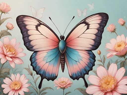 This detailed illustration features a large, central butterfly with a striking blue body and intricate wing patterns. The wings are predominantly pink with black edges, transitioning to blue near the bottom. The butterfly's body is adorned with a series of small, black rings along its tail. Its head is black, equipped with two long antennae that extend upwards and outwards. Surrounding the main butterfly are three smaller, white butterflies, each with delicate pink accents on their wings. The background is a light blue, complemented by an array of pink flowers with yellow centers, some fully bloomed and others still in bud form. The flowers are interspersed with green leaves, adding to the vibrant and lively composition of the artwork.