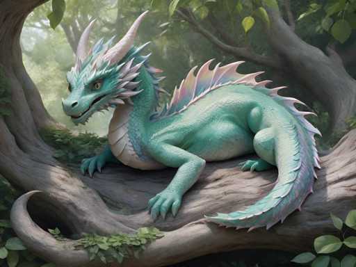 This is a detailed, computer-generated image of a small dragon, likely created using AI. The dragon is predominantly green with a white underbelly and features a long, scaly tail that ends in a point. Its body is adorned with spiky fins along its back and neck, which are a mix of pink and purple hues. The dragon has two prominent white horns on its head, along with a mane of pink and purple scales. Its eyes are yellow with black pupils, and it has a slightly open mouth revealing a hint of teeth. The dragon is perched on a large, gray tree branch that curves around the image, with green leaves and vines growing from it. The background is a lush, green forest, adding to the natural and serene setting of the scene.