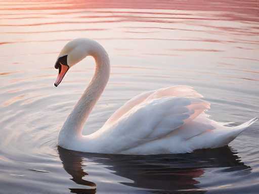 A white swan is swimming on a body of water with its wings spread wide and neck extended upwards. The background features the colors pink and orange from sunset or sunrise, creating a warm and serene atmosphere.