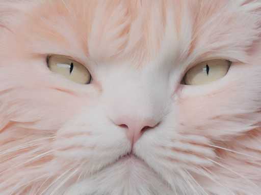The image shows a close-up view of a cat's face with its eyes open and looking directly at the camera. The cat has pink fur on its head and chest, and its whiskers are white in color.