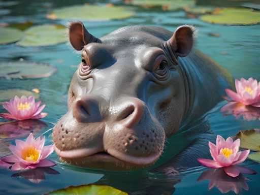 A hippopotamus is swimming in a pond with pink flowers on its head and body. The water around the hippopotamus has small leaves floating on it.